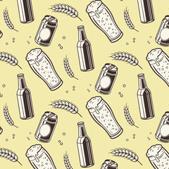seamless pattern with beer glasses,beer bottles,beer can and wheat on yellow background