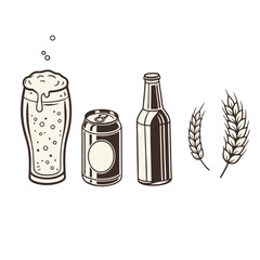 set of beer elements,bottles,cans,glass and wheat 