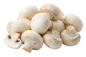 Pile of fresh white button mushrooms (champignons) isolated on white background. Raw food ingredient.