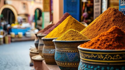 Exotic and Colorful Spices Arranged in a Bustling Moroccan Market for Culinary Inspiration 