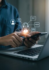 Person interacting with customer service representative concept using phone and laptop technology