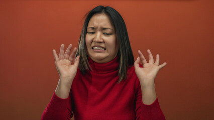 Young woman wearing red looking disgusted while gesturing with hands against isolated red...