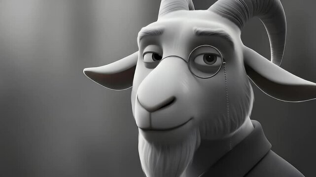 Wise cartoon goat with monocle closeup in shaded cinematic portrait