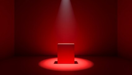 Dramatic Red Cube Spotlight Minimalist Product Display, Stage, Presentation, Advertising Backdrop, Abstract Art