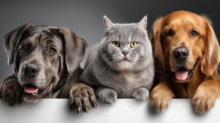 Obraz premium Variety of pets, including dogs and a cat, eagerly peering over a blank banner for web use to showcase their playful nature