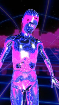 Retro Futuristic seamless vertical video of a metal human figure grid laser landscape