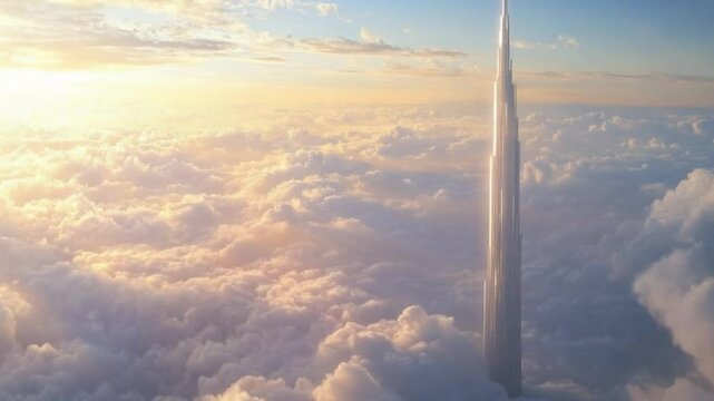 Sky-piercing tower above clouds