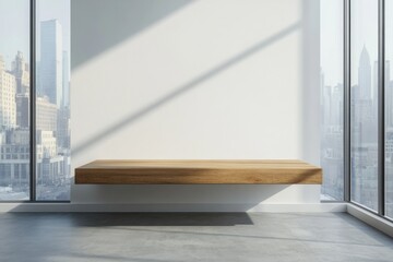 Fototapeta premium Modern minimalist wooden shelf city view