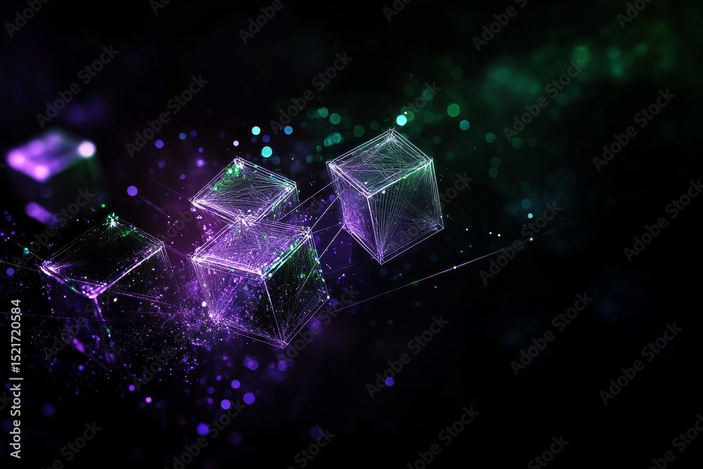 Wall mural floating cubes with glowing edges in a dark cosmic background during a digital art creation