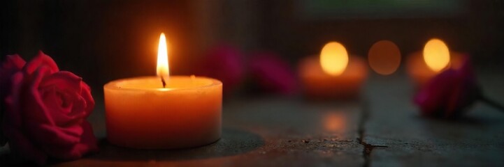 Close-up of a flickering candle flame, warm golden light illuminating the surrounding darkness Perfect for themes of romance, serenity, and relaxation , spirituality, atmosphere