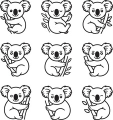 Nine adorable cartoon koala bear illustrations in various poses with simple black and white outlines