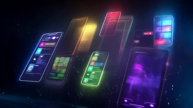 Multiple smartphone screens with glowing neon interfaces floating in dark cosmic space, displaying various app layouts and digital designs with vibrant color gradients.