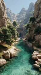 Majestic river winding through rocky mountains and lush greenery in a serene landscape during daytime