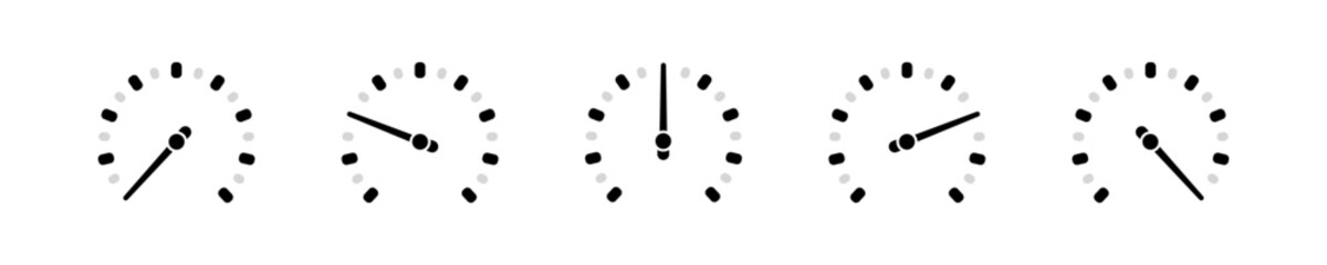 Speedometer icon set. Velocity graphic sign. Speed meter icons in vector design style. Measurement speed pictogram.