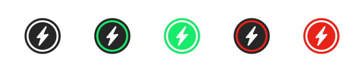 Lightning icon set. Charge graphic sign. Energy icons in vector design style. Button electricity pictogram