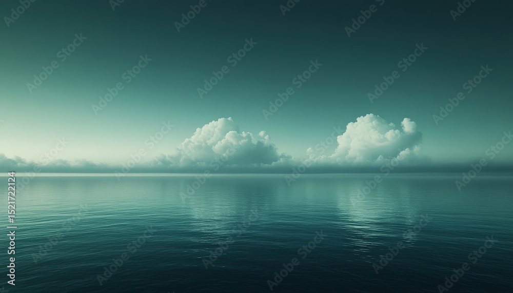 Poster Calm evening sky reflecting on tranquil ocean surface with soft clouds illuminated by fading light in peaceful atmosphere