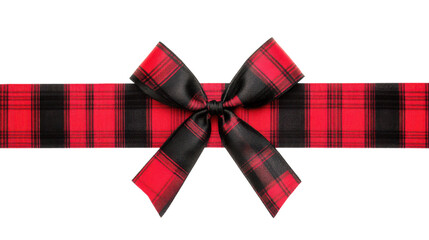 Red and black buffalo plaid gift bow snd ribbon on white background