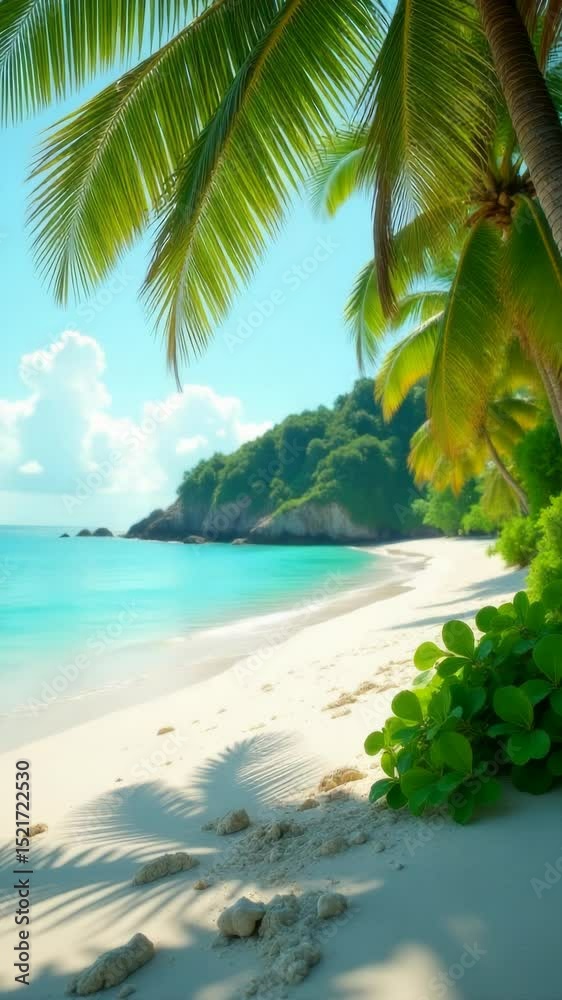 Poster a serene coastal scene featuring a sandy beach lined with palm trees, set against the backdrop of a 