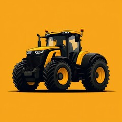 Bright yellow tractor on a vibrant orange background showcasing modern agricultural design and efficiency in farming machinery