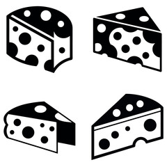 Four Triangle Cheese Wedge Icons, Black and White Silhouette Cheese Illustration