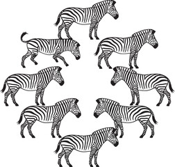 A symmetrical pattern of black and white zebras showcasing african wildlife and distinctive animal stripes