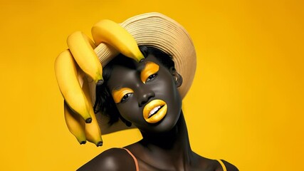Young woman with dark skin, yellow makeup, straw hat, bananas positioned around head. Vibrant yellow background creates striking visual contrast. - Powered by Adobe