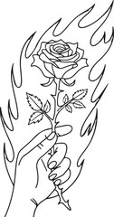 Hand Holding a Rose with Flames silhouette – Line Art Tattoo Style Illustration