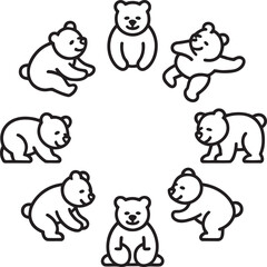 Cute cartoon bears in various poses arranged in a circle outline illustration for children and design projects