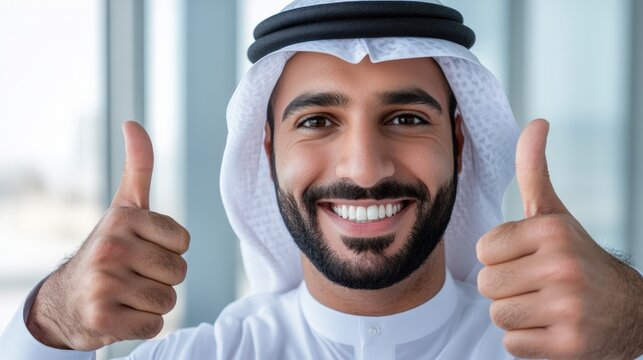 A cheerful Middle Eastern businessman giving a double thumbs up, white isolated background, copyspace