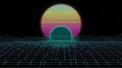 Retro futuristic landscape with radiant sun