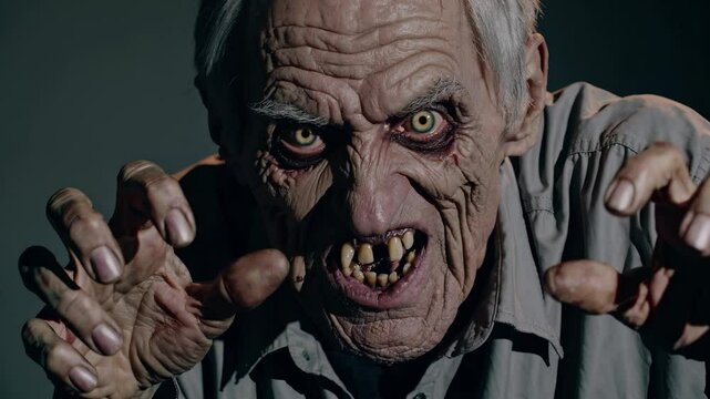 Undead zombie man reaches forward with monster hands. Grunge horror face shows decay. Blood around eyes. Cinematic style creature. Apocalypse zombie in cinematic scene, undead look, grunge horror