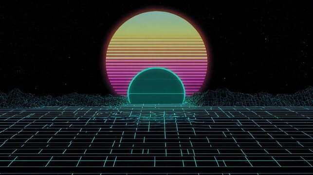 Retro futuristic landscape with radiant sun