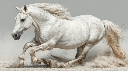 Obraz premium Majestic white horse galloping freely across sandy terrain during daytime under clear skies