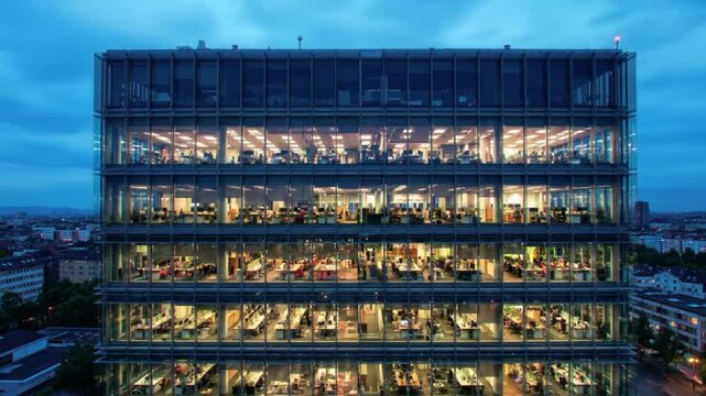 Modern office building exterior at dusk with illuminated windows and visible office workspaces