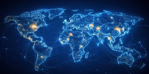 System Connectivity Implementation Concept. Illuminated world map with interconnected lines representing global networks.