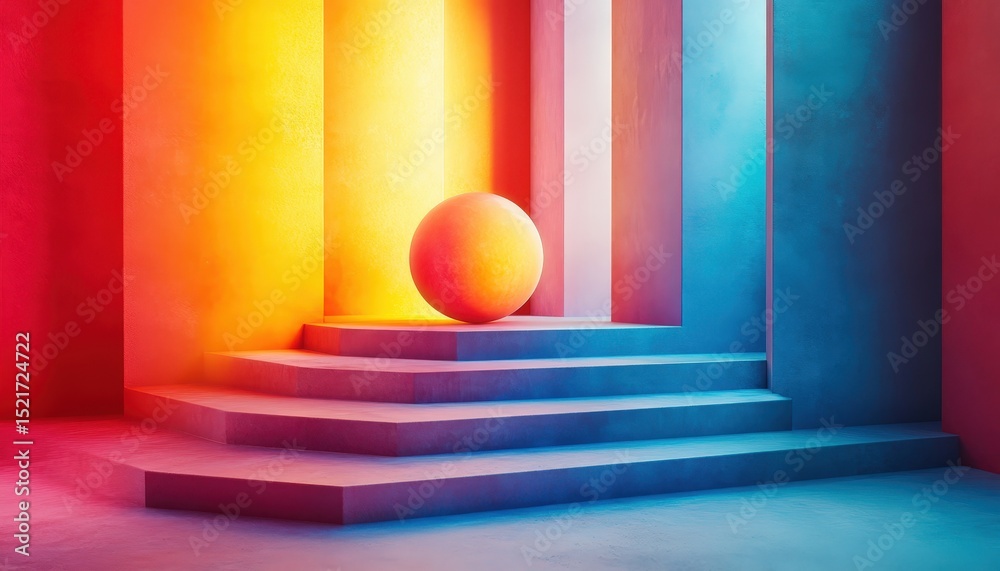 Poster Vibrant geometric setup with a round sphere at the center in a colorful, modern environment featuring layered steps and striking lighting effects