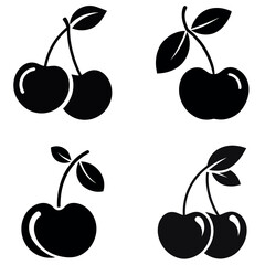 Four Variations of Cherry Icons with Leaves, Isolated on White Background Depicted