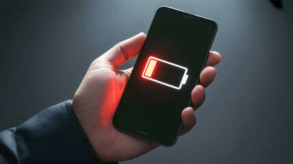 A close-up of a hand in a black sleeve holding a smartphone showing a glowing red low battery icon against darkness