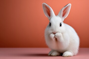Obraz premium Fluffy white rabbit playfully nibbling on treats against a warm peach background while sitting still in a cozy indoor setting