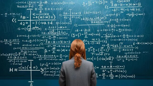 Woman with reddish ponytail facing chalkboard covered in mathematical formulas, hands on head showing frustration or concentration. Complicated scientific calculations surrounding her. - Powered by Adobe