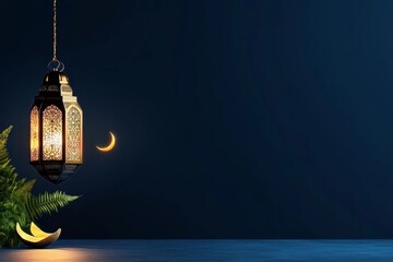 Elegant Lantern Hanging Beside Crescent Moon and Greenery at Night