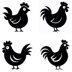 Illustration Featuring Four Black and White Cartoon Rooster Silhouettes on a White Background