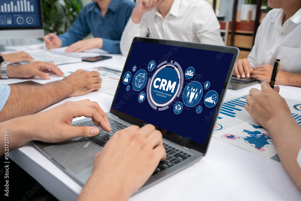 Poster Customer relationship management system on brisk computer for CRM business and enterprise