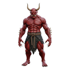 Red oni demon with horns, fangs, muscular body and loincloth