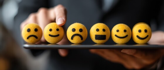 emotional regulation Colorful emoticons representing various emotions displayed on a tablet by a person in a suit.