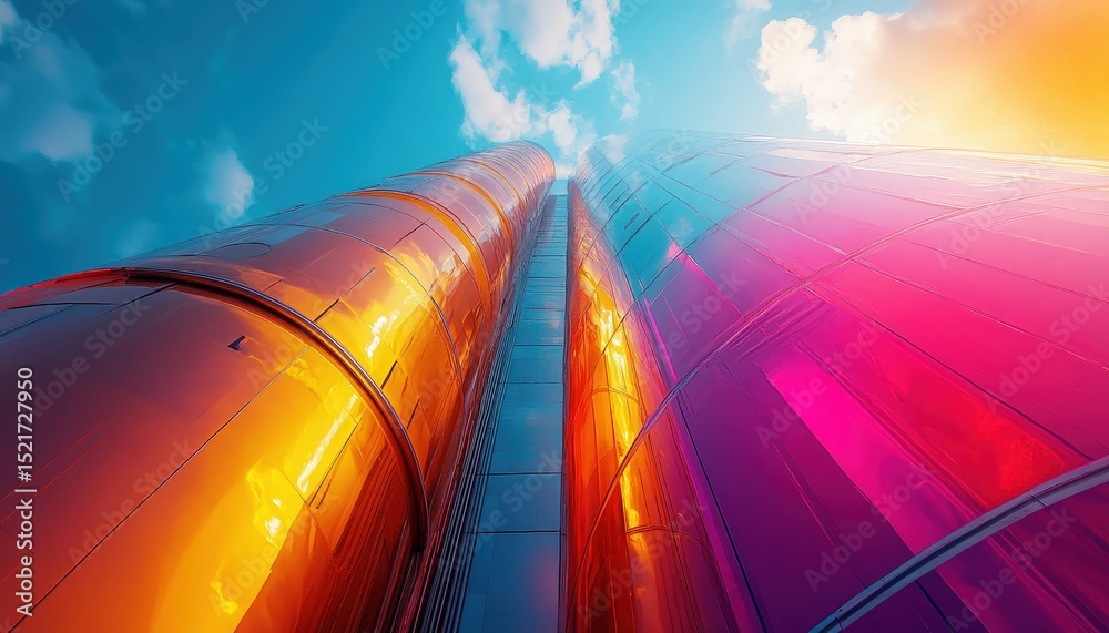 Poster Colorful abstract view of a circular tunnel featuring vibrant lights and a glowing core during nighttime, creating an atmosphere of depth and energy