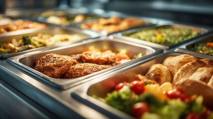 Obraz premium A buffet with a variety of food including meat, vegetables, and potatoes. The food is displayed in trays and the overall mood of the image is inviting and appetizing