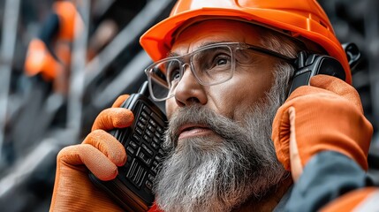 Senior industrial worker coordinates tasks in busy work zone using walkie-talkie, showcasing urgency and communication at the construction site