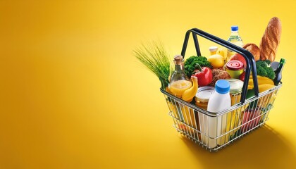 Naklejka premium Shopping Basket Full of Grocery Products, Food, and Drinks on Yellow Background
