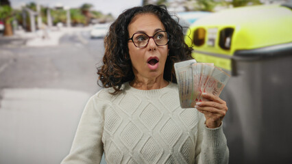 Woman holding singapore dollars near outdoor recycling container appears surprised with garbage in...